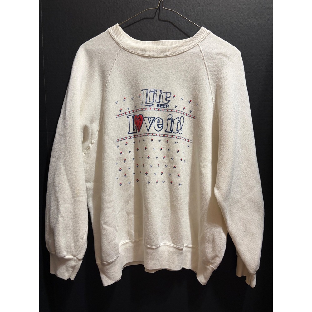 VTG Velva Sheen Miller Lite Beer Love It Sweatshirt XL Cream USA Made 80s Rare